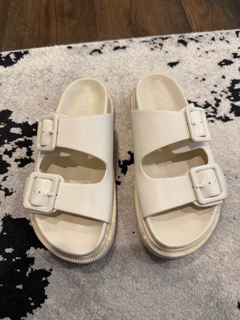 MIA Cream Double-Buckle Slide Sandals
